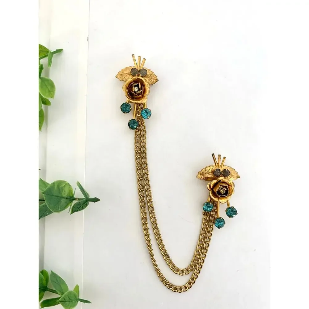 Vintage 1950s Sweater Clip Double Brooch Teal Rhinestone Gold Tone Chain Elegant